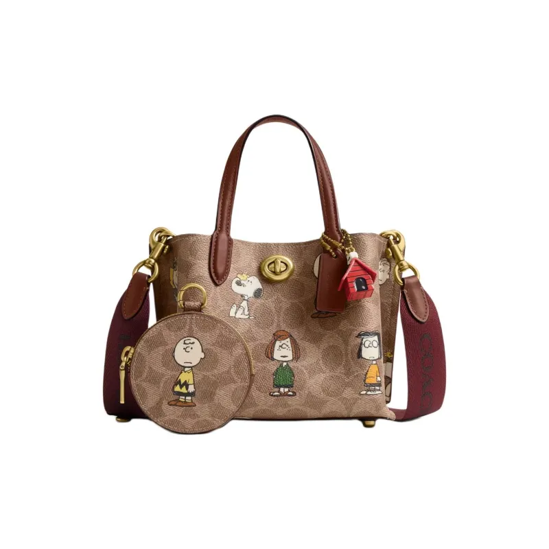 COACH PEANUTS Snoopy, Collaboration Willow Leather Tote Bag, Shopping Bag, Shoulder Bag, Handbag Trumpets Women's Brown-0