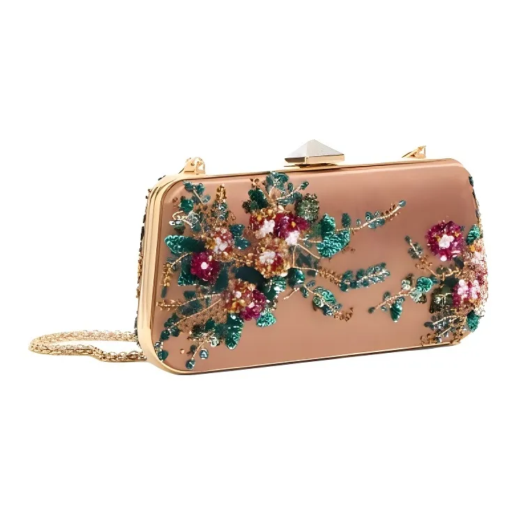 Valentino Embroidered Satin One Shoulder Clutch Women's Champagne With Multicolor-2