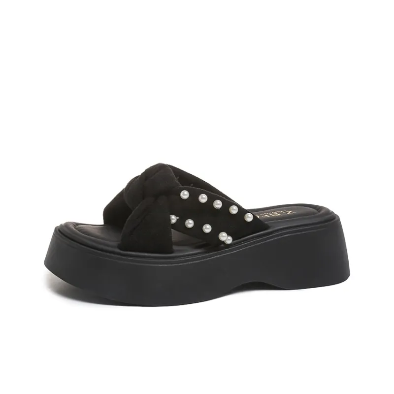 AJPAP Rubber Sole Cut Out Woven Abrasion Resistant Quick Dry Slide Slippers Women's-0