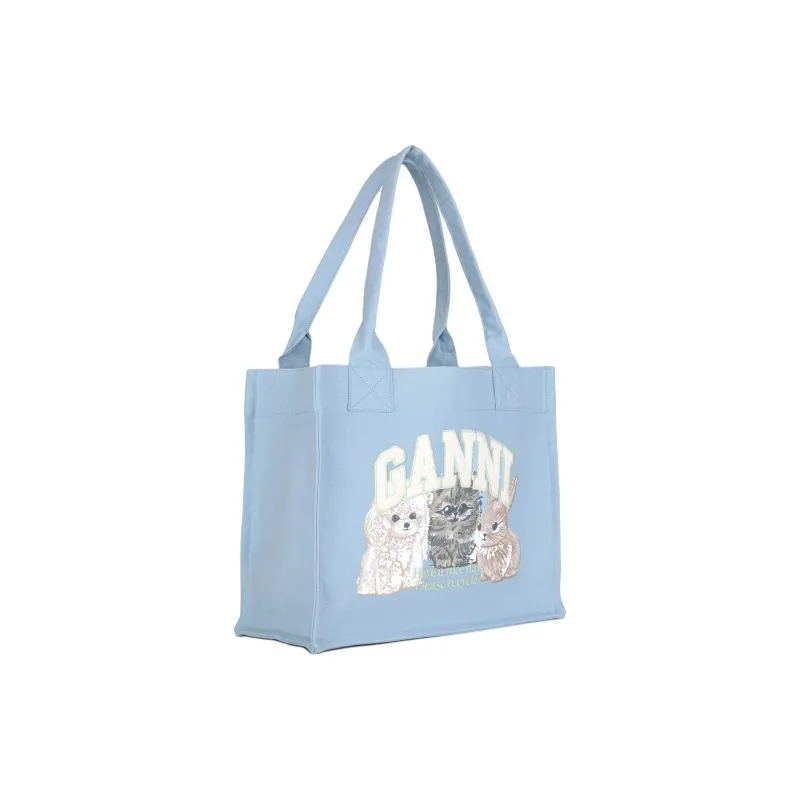 GANNI Recycled Cotton Tote Bag, Shopping Bag, Shoulder Bag Tubas Women's Blue-1