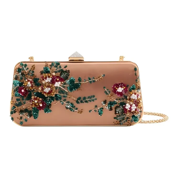 Valentino Embroidered Satin One Shoulder Clutch Women's Champagne With Multicolor-0