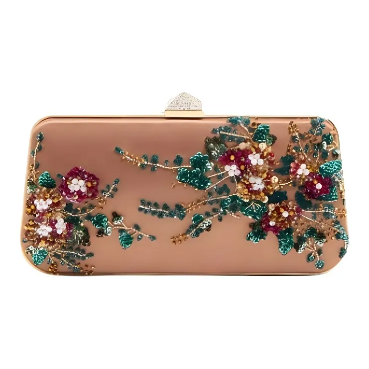 Valentino Embroidered Satin One Shoulder Clutch Women's Champagne With Multicolor-1