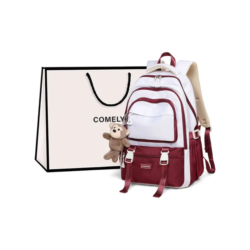 COMELY Fabric Backpack Laptop Bag Regular Unisex Red/Coffee-0