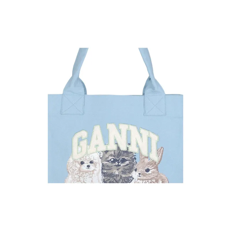 GANNI Recycled Cotton Tote Bag, Shopping Bag, Shoulder Bag Tubas Women's Blue-3