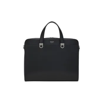 FERRAGAMO GANCINI Hammered Texture Calfskin Briefcase Men's Black