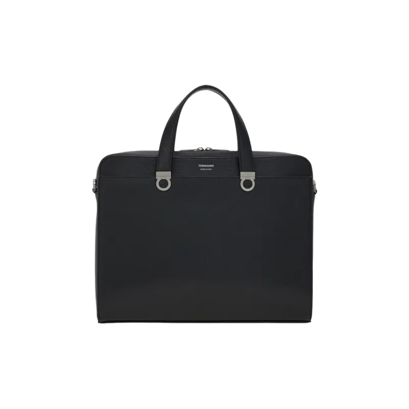 FERRAGAMO GANCINI Hammered Texture Calfskin Briefcase Men's Black-0