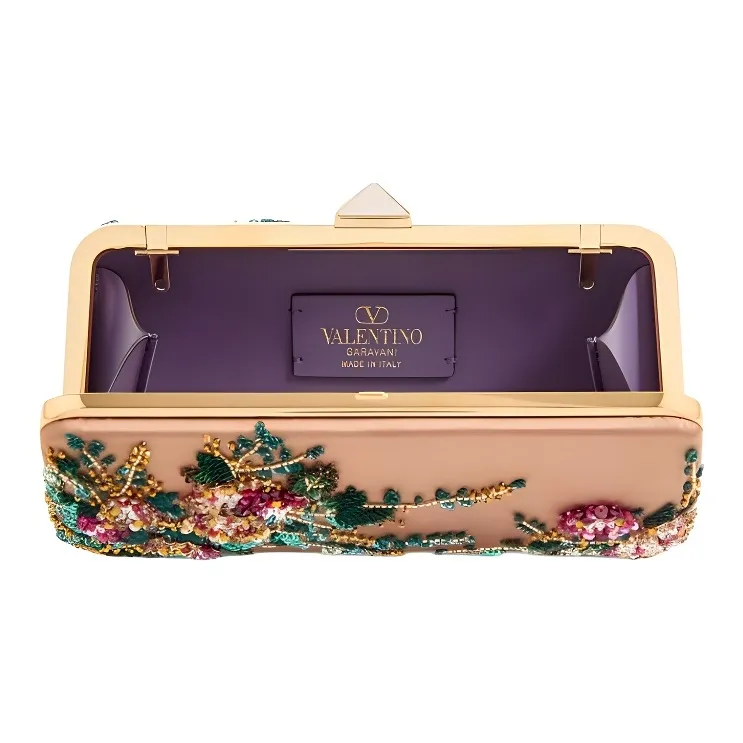 Valentino Embroidered Satin One Shoulder Clutch Women's Champagne With Multicolor-4