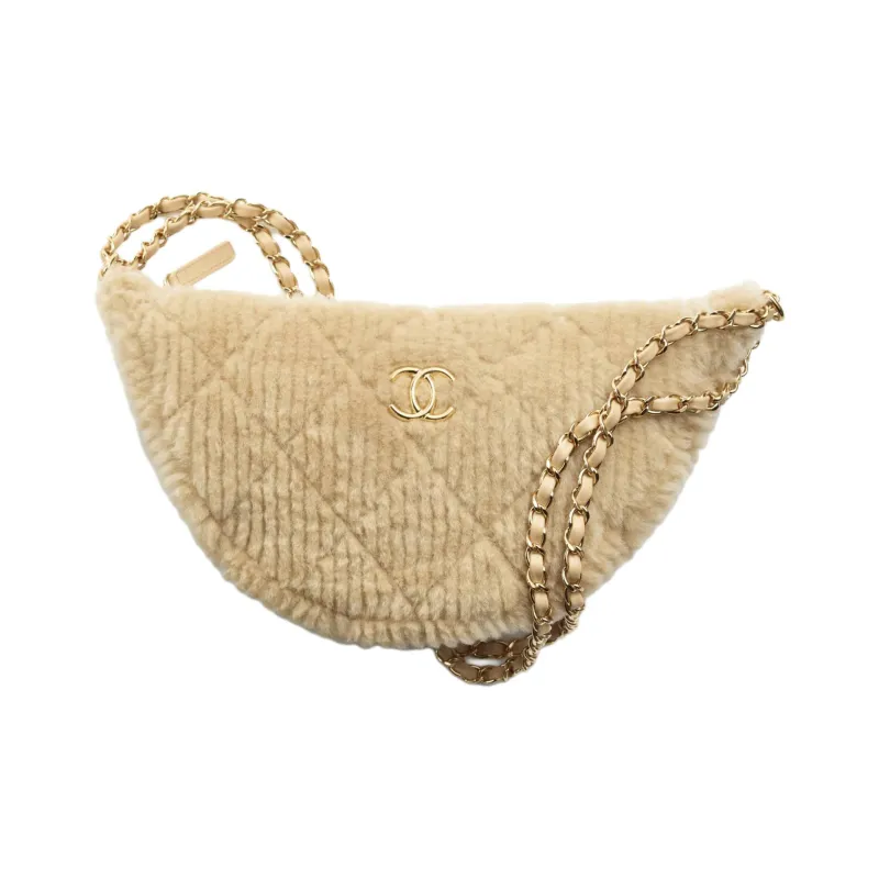 CHANEL Wool With Sheepskin Shoulder Bag, Crossbody Bag Tubas Women's Light Umber-0