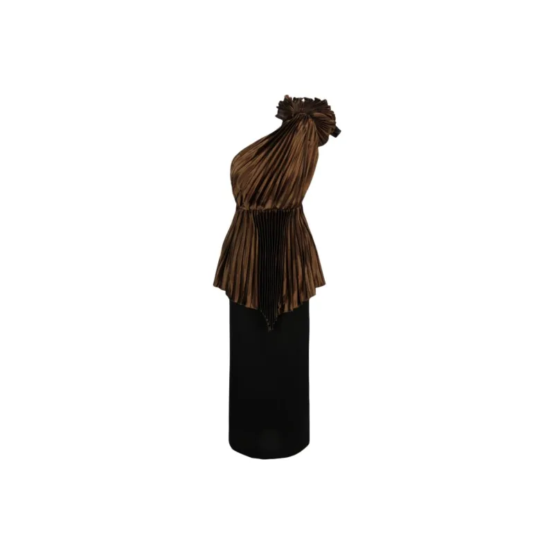 GUCCI Plisse One Shoulder Gown Brown-0