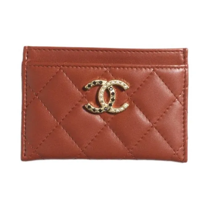 CHANEL Artificial Pearl Rhinestone Lambskin Card Holder Women's Brown-0