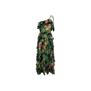 GUCCI Floral Check Print Ruffled Silk Crepe Dress Green Black