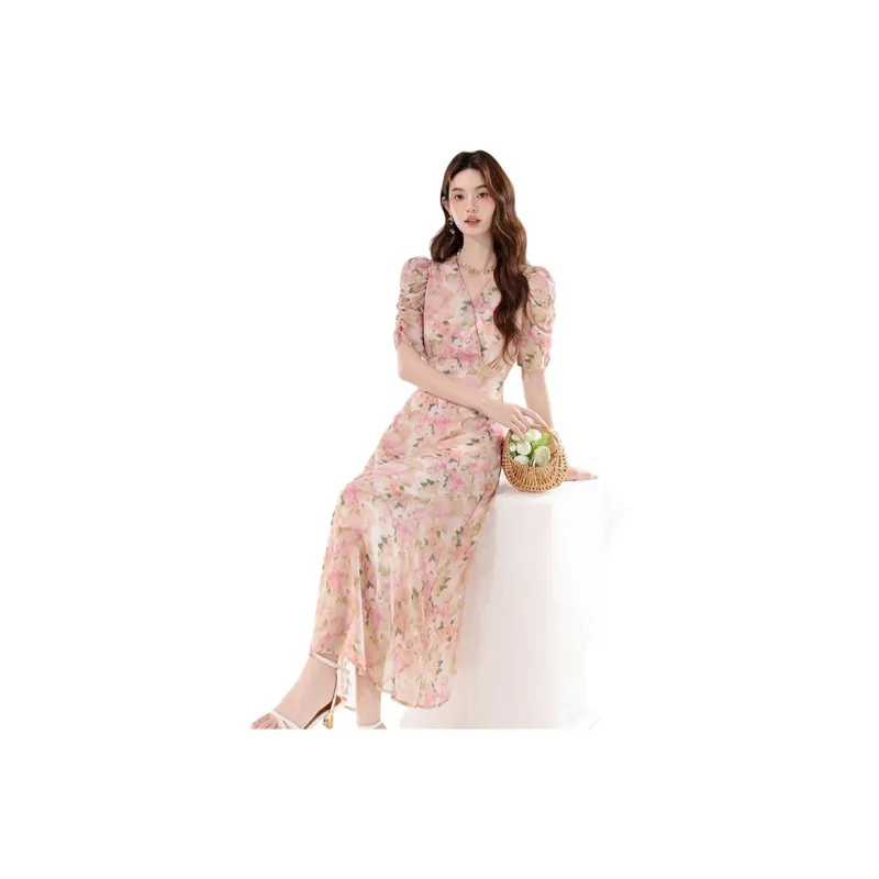 Flowers In Water Summer Short Sleeved Dress Women's-1