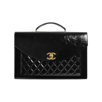CHANEL Wrinkled Lambskin Patent Leather Briefcases Women's Black