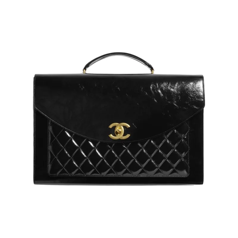 CHANEL Wrinkled Lambskin Patent Leather Briefcases Women's Black-0