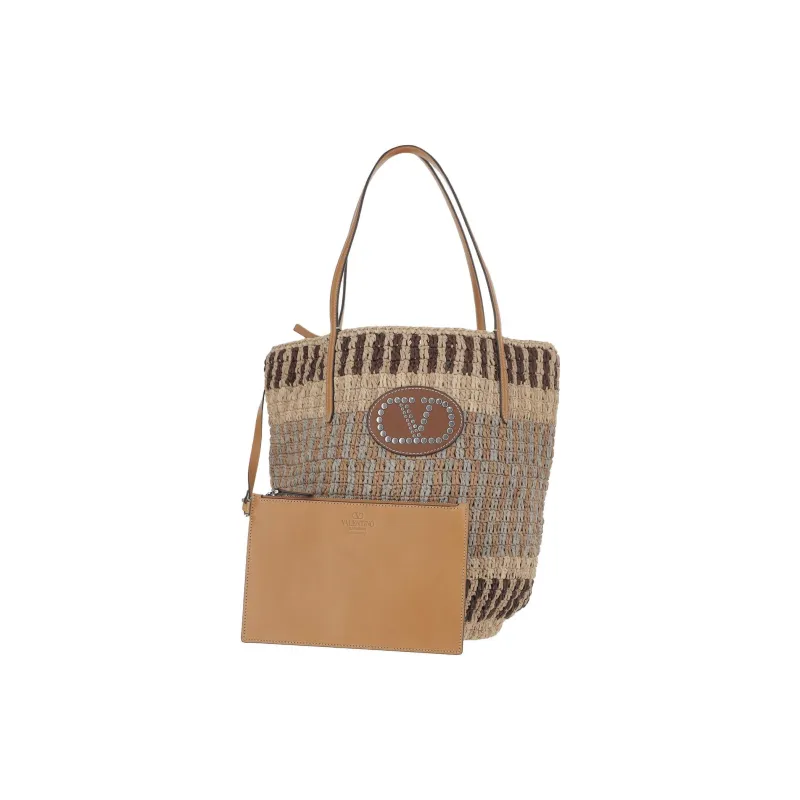Valentino Straw Woven Tote Bag, Shopping Bag, Shoulder Bag Tubas Women's Beige-1
