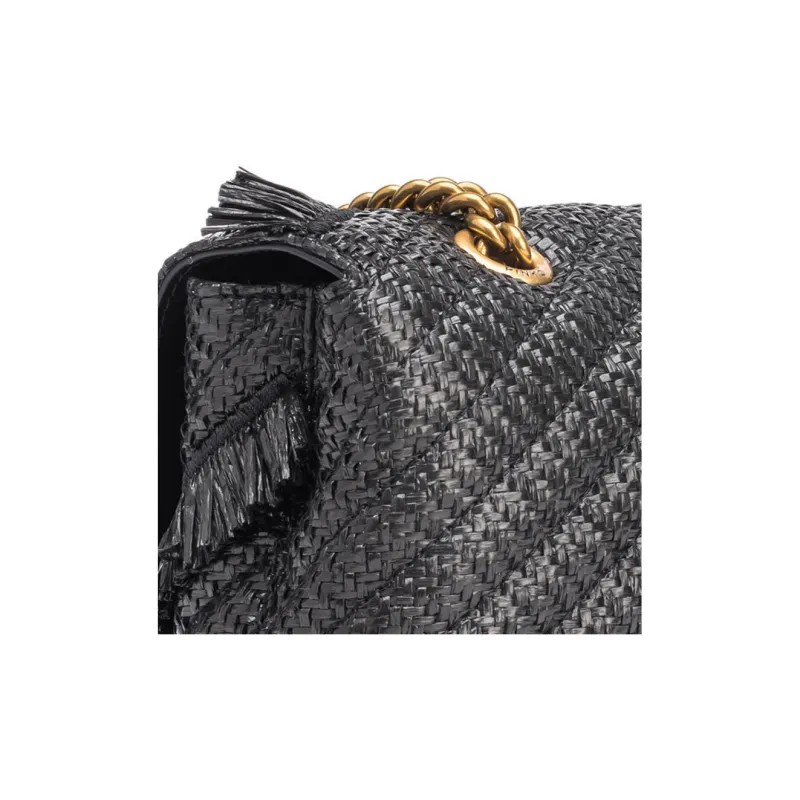 PINKO Straw Woven Chain Bag Swan Bag Portable Crossbody Bag Shoulder Bag Women's Black-3