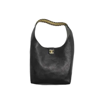 CHANEL Lambskin HOBO Bag, Underarm, Hippie Style Handbag, Shoulder Bag Medium Size Women's Black