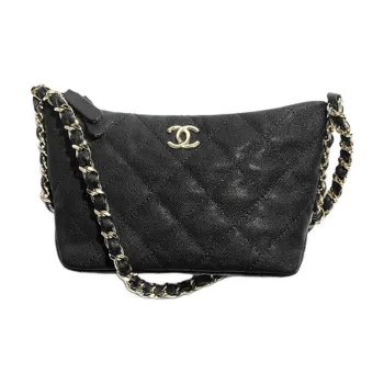 CHANEL Grain Cow Leather Hobo Hippie Bag, Handbag, Shoulder Bag Trumpets Women's Black