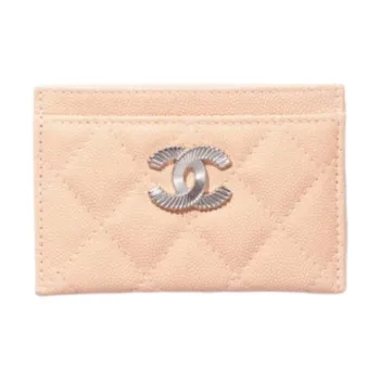 CHANEL Shiny Grain Embossed Caviar Calfskin Card Holder Women's Beige