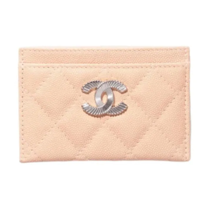 CHANEL Shiny Grain Embossed Caviar Calfskin Card Holder Women's Beige-0