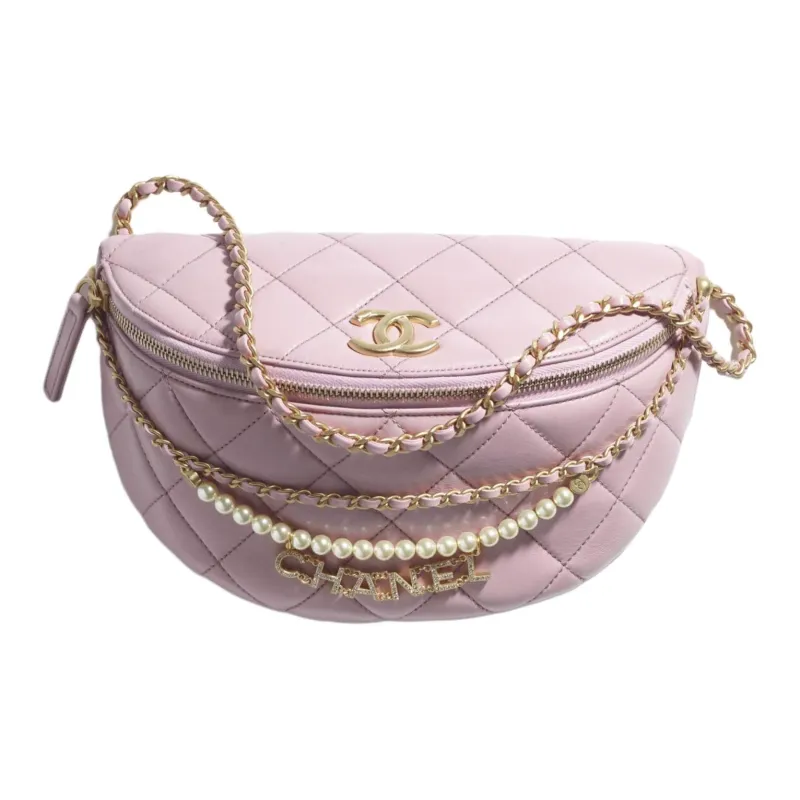 CHANEL Artificial Pearl Shiny Lambskin Fanny Pack Women's Light Pink-0