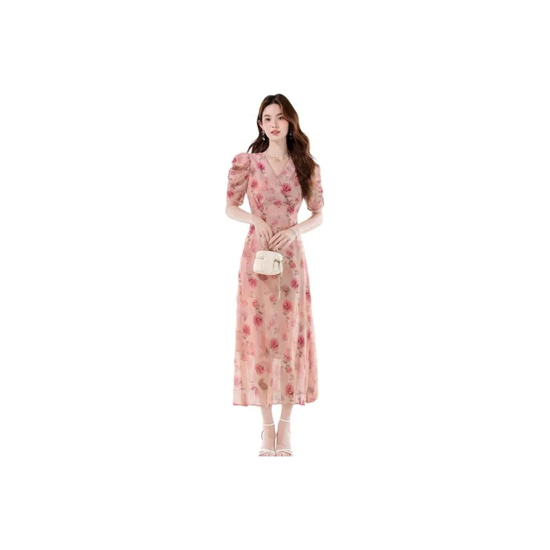 Flowers In Water Summer Short Sleeved Dress Women's-0