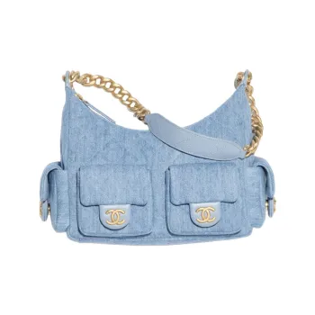 CHANEL Washed Denim & Gold Metal Hippy Bag Hobo Bag Shoulder Bag Tubas Women's Blue