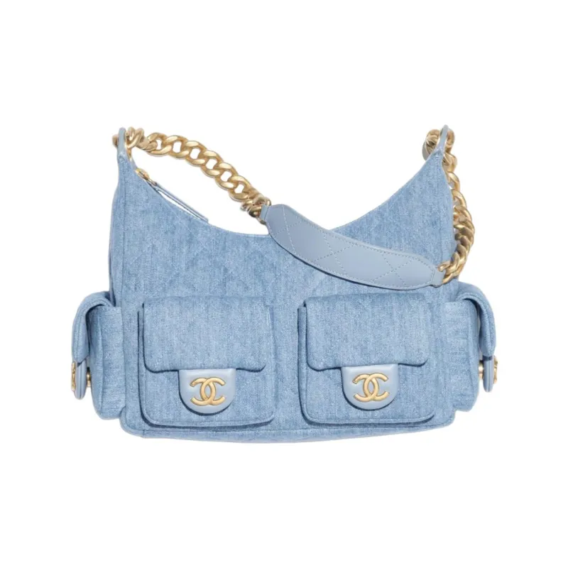 CHANEL Washed Denim & Gold Metal Hippy Bag Hobo Bag Shoulder Bag Tubas Women's Blue-0