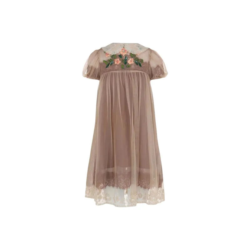 GUCCI Crystal Embellished Lace Babydoll Dress Beige-0
