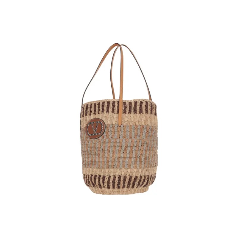 Valentino Straw Woven Tote Bag, Shopping Bag, Shoulder Bag Tubas Women's Beige-2