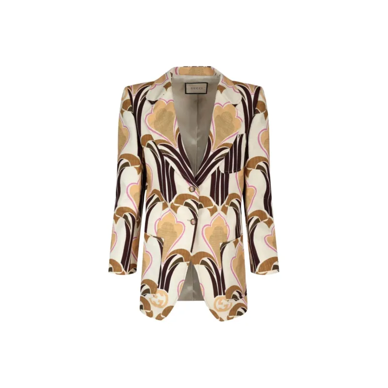 GUCCI Single Breasted Printed Blazer Beige/White-0