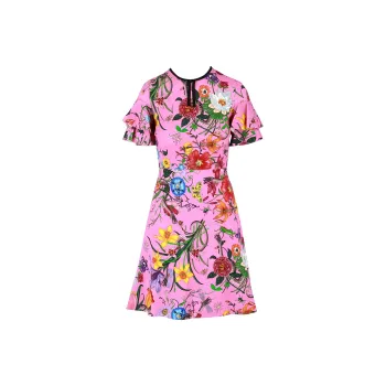 GUCCI Ruffled Flora Snake Print Dress Princess Rose Print