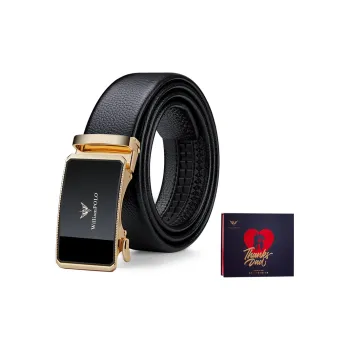 WilliamPOLO Top Grain Cow Leather Belt Men's Gold Buckle Gold Logo Width 3.5cm