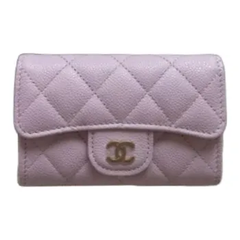 CHANEL Litchi Cow Leather Card Holder Women's Pink Purple