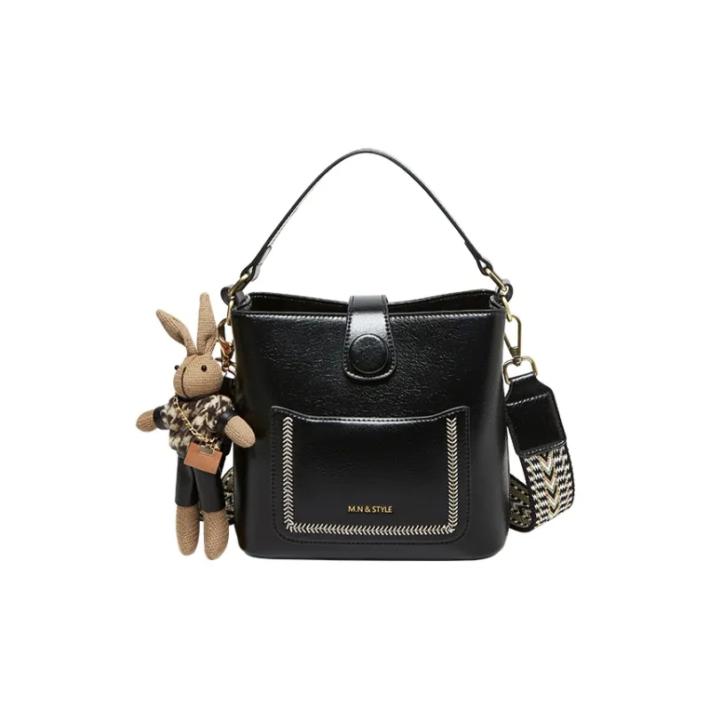 Narandu Cow Leather Bucket Bag, Crossbody One Shoulder Handbag Medium Size Women's Brown/Midnight Black-5