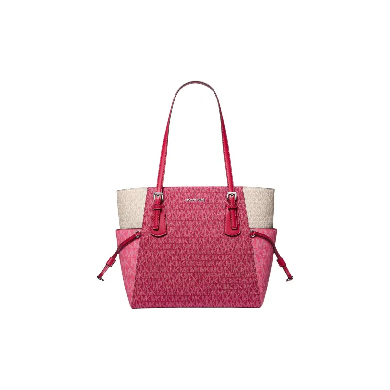 MICHAEL KORS Voyager Coated Canvas Tote Bag, Shopping Bag, Shoulder Bag Tubas Women's Rose Red & Ecru-0