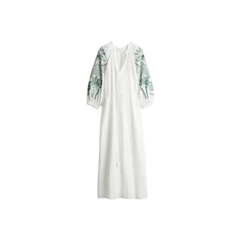 H&M Long Sleeved Dresses Women's White/Green-0