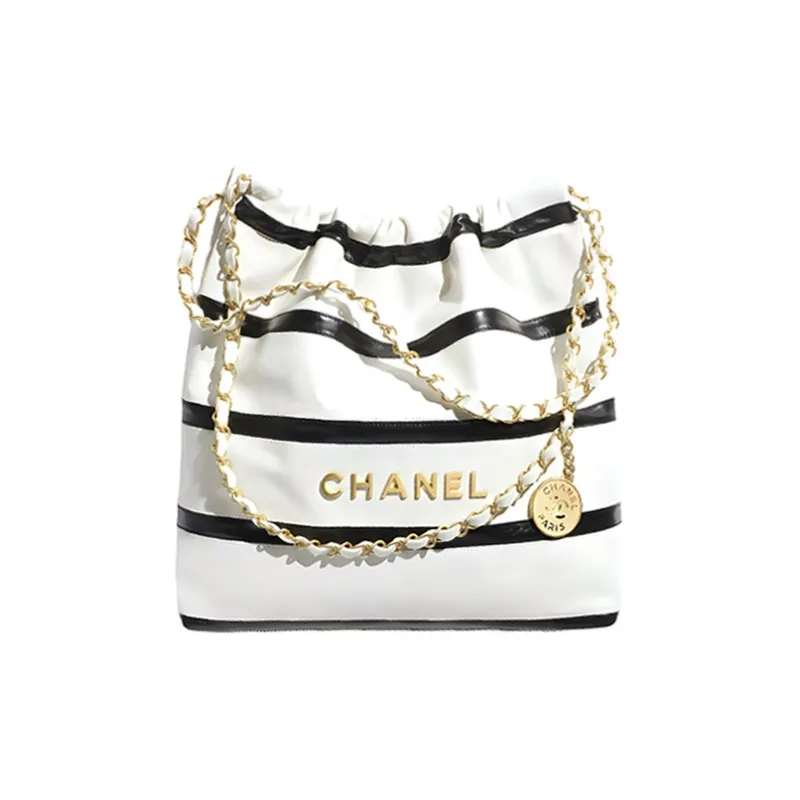 CHANEL Bright Calfskin Handbag, Shoulder Bag Regular Women's White & Black-0