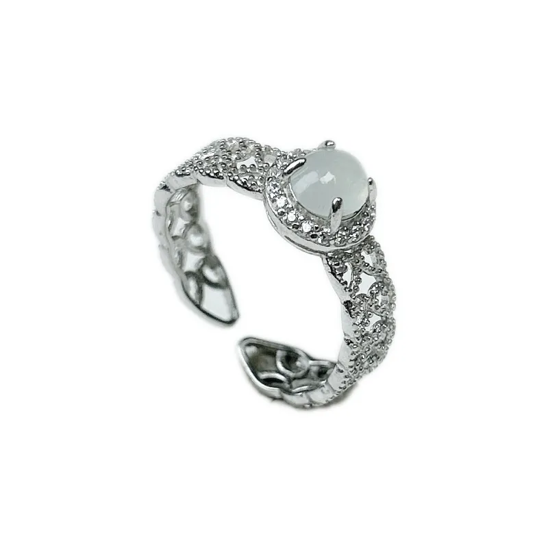 PUPAN Ice Glutinous White Ice Lace Chinese Fashion Trend Vintage Niche Design Jadeite Open Ring Women's-0