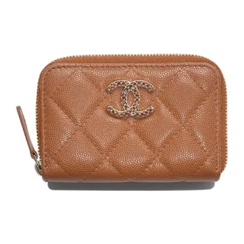 CHANEL Shiny Beaded Embossed Calfskin Coin Purse Women's Light Brown