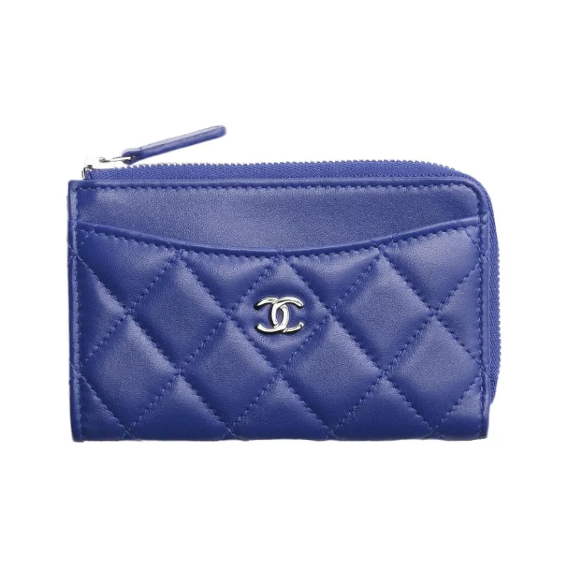 CHANEL Sheepskin Card Holder Women's Blue-0