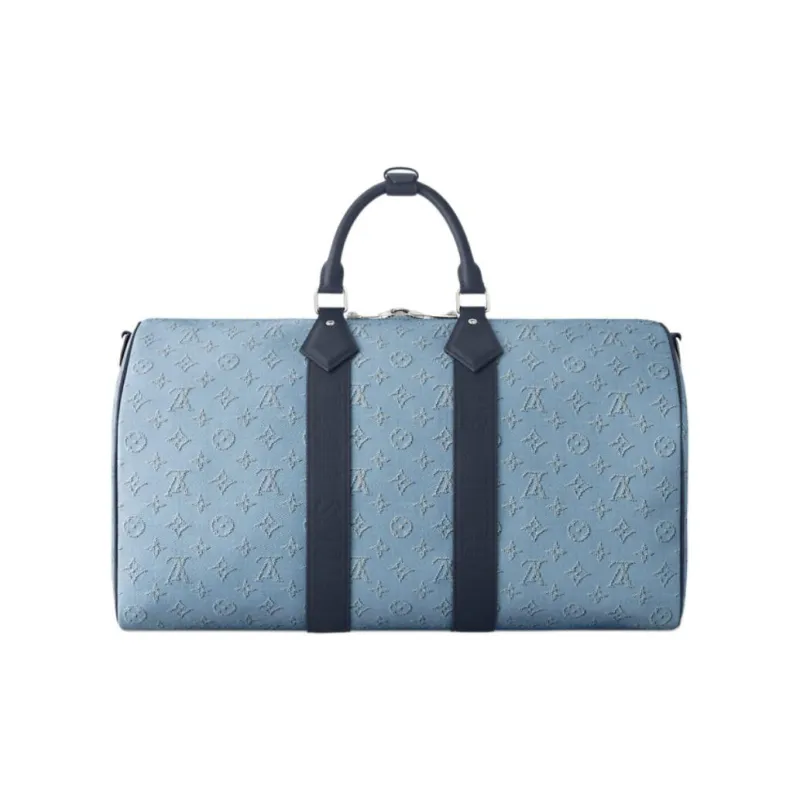 LOUIS VUITTON Keepall Denim One Shoulder Crossbody Handbag, Travel Bag Unisex Blue Denim Blue-2