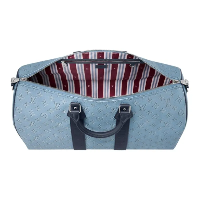 LOUIS VUITTON Keepall Denim One Shoulder Crossbody Handbag, Travel Bag Unisex Blue Denim Blue-3