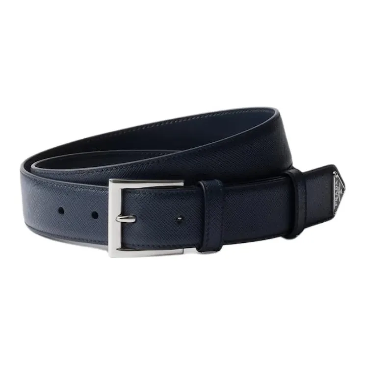 PRADA Calfskin Leather Belts Men's Blue Width 3.3CM-0