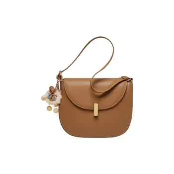 Narandu Cow Leather With Synthetic Leather Semi-Circle Bag Medium Size Women's Caramel Brown/Beige White & Apricot