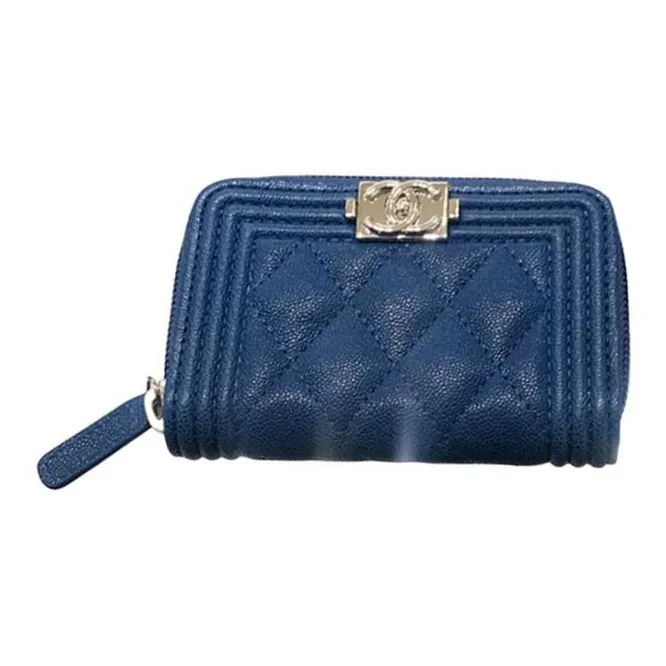 CHANEL Leather Card Holder, Wallet Women's Blue-0