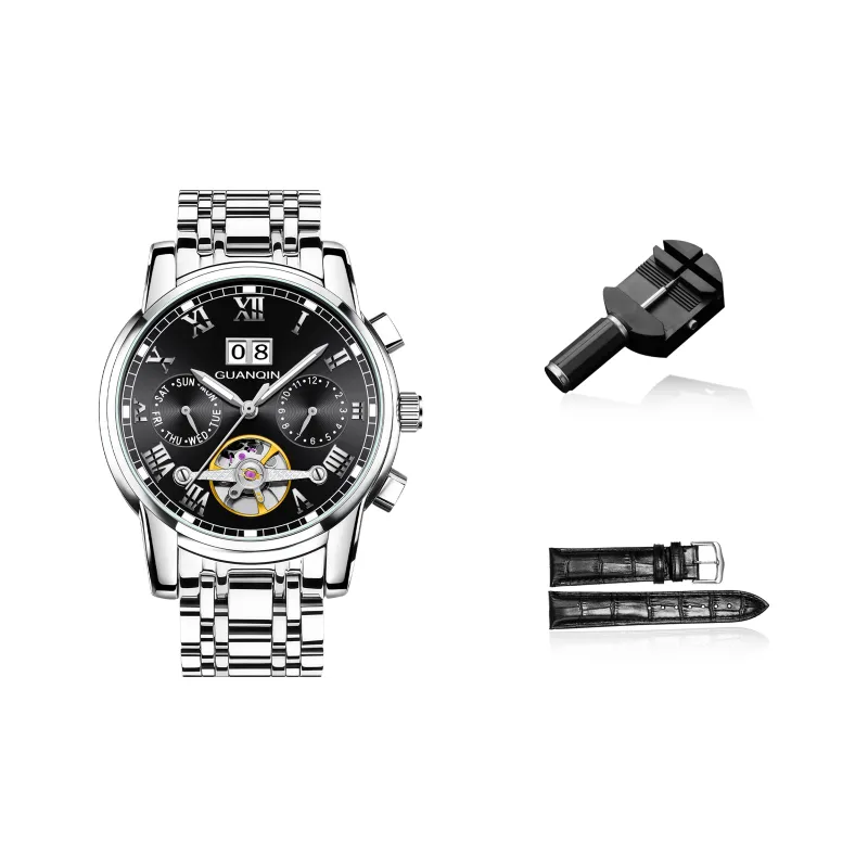GUANQIN Automatic Mechanical Movement Stainless Steel Watchband Watch Men's Watches Black Dial-6