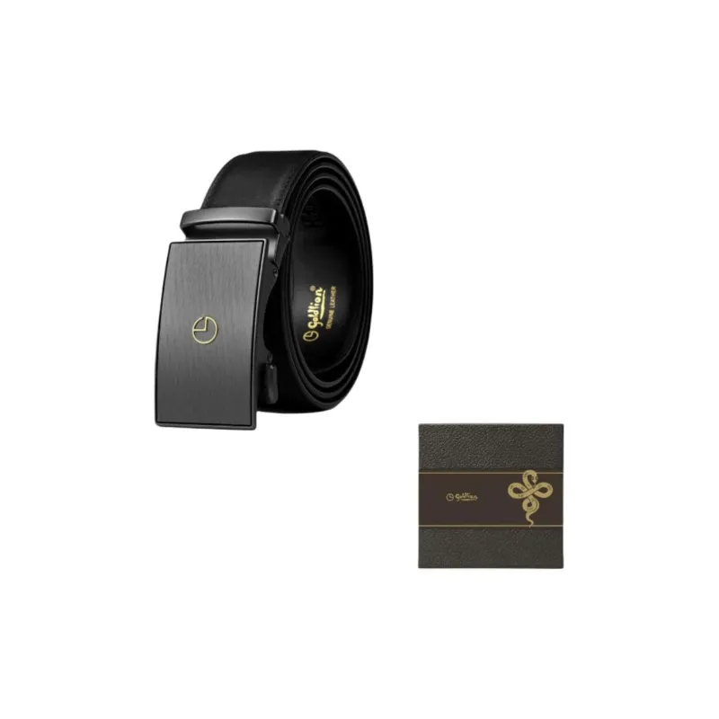 GOLDLION Top Grain Cow Leather Automatic Buckle Belt Men's Black Width 3.5CM-1