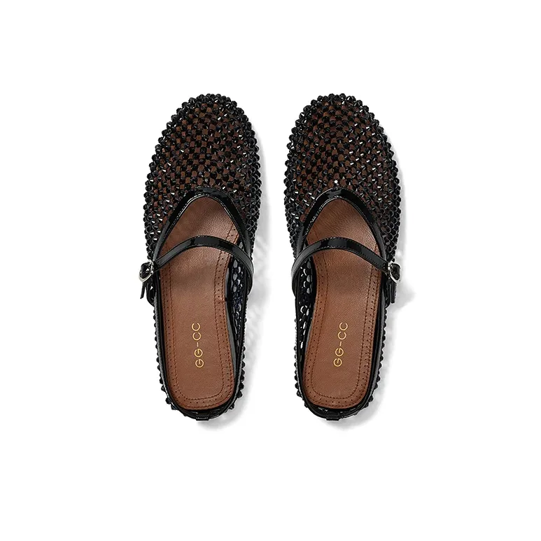GG CC Cut Out Abrasion Resistant Fishnet Closed Toe Slippers Women's Black-2