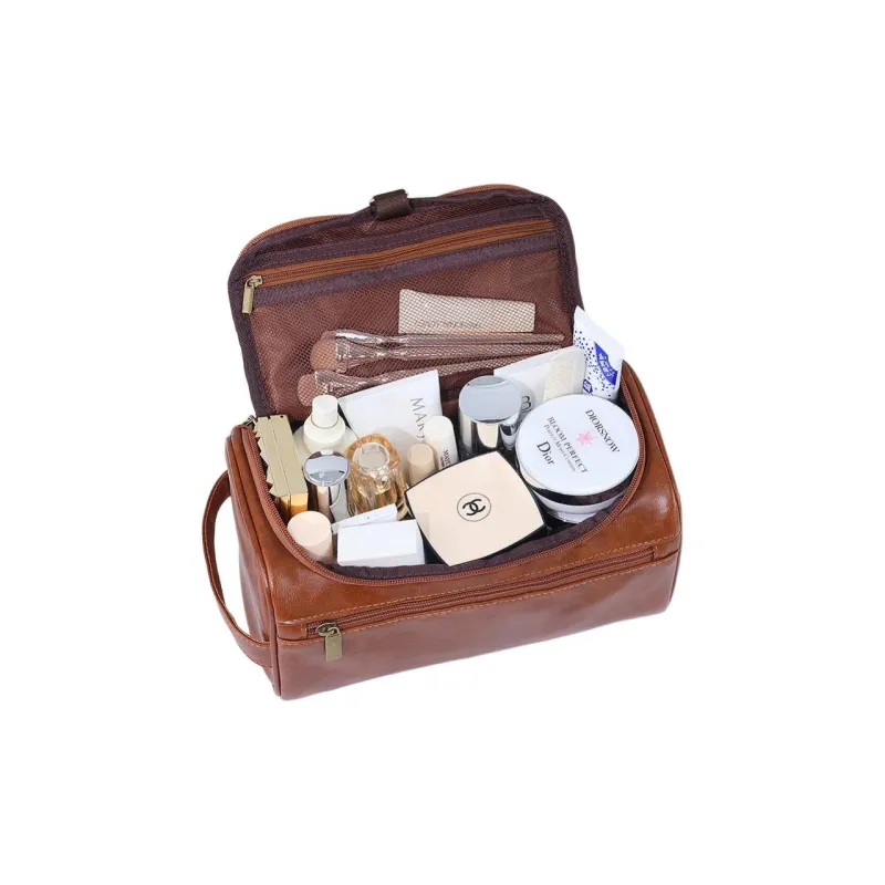 LETOO Polyurethane Toiletry Bag, Travel Storage Bag Unisex Brown/Tea Brown/Beige/Black-2